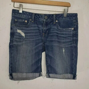 American Eagle Denim Shorts 2 Blue Distressed Stretch Raw Hem Cuffed Bermuda